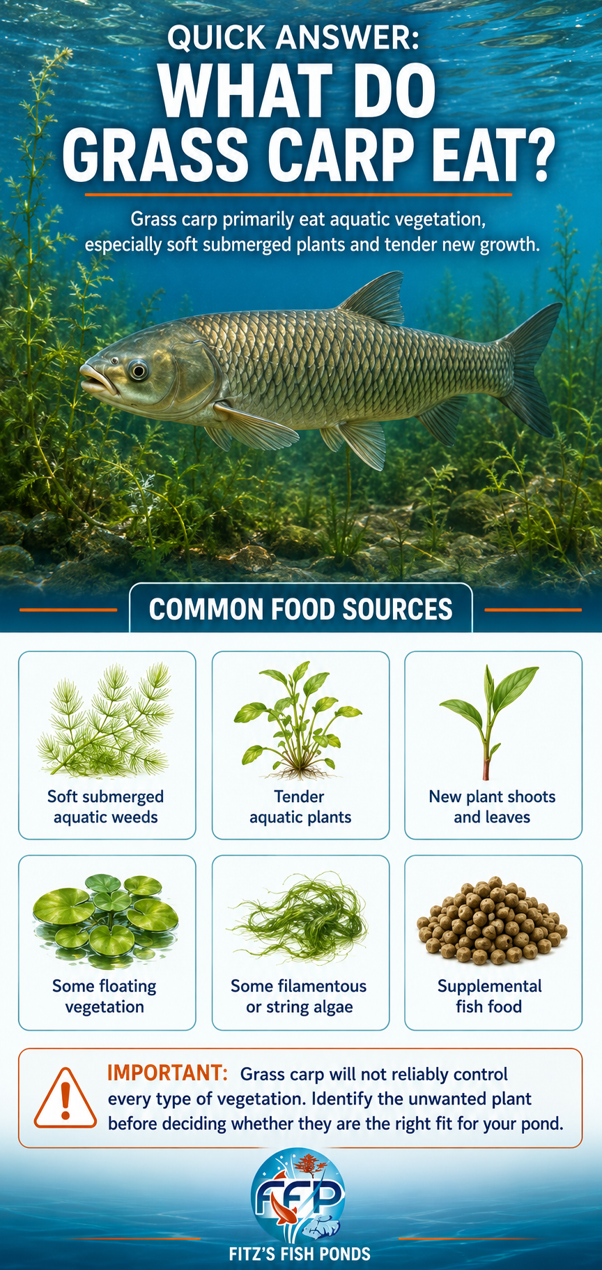 Grass carp primarily eat aquatic vegetation. Soft submerged plants and tender new growth are often especially attractive, while tougher, mature, or fibrous plants may receive less attention. Their diet can shift depending on available vegetation, fish size, water temperature, and the overall pond environment. Grass carp primarily eat aquatic vegetation. Soft submerged plants and tender new growth are often especially attractive, while tougher, mature, or fibrous plants may receive less attention. Their diet can shift depending on available vegetation, fish size, water temperature, and the overall pond environment.