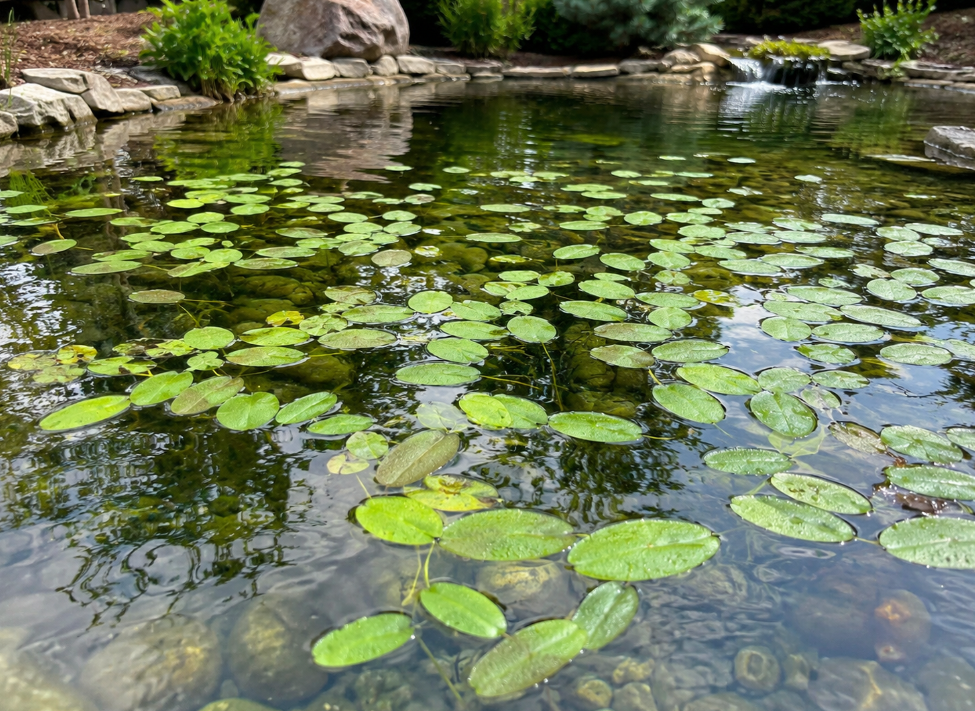 American Pondweed leaves floating on the surface of a backyard pond.