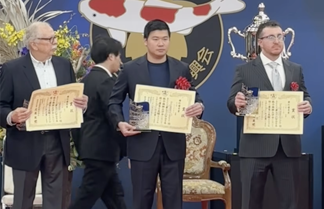 Building on strong performances throughout the show, Fitz&rsquo;s Fish Ponds clients earned an impressive slate of Major and Special Awards, reflecting excellence across multiple varieties and top size classes. Herbert Fritch, represented by Fitz&rsquo;s Fish Ponds, received the National Fish Award for a 45-bu Gosanke (Goshiki) bred by Narita Fish Farm Co., Ltd. and Kanno Koi Farm. He also earned the Miyabi Award with a 45-bu Showa Sanshoku bred by Narita Fish Farm Co., Ltd. and Isa Koi Farm Co., Ltd.