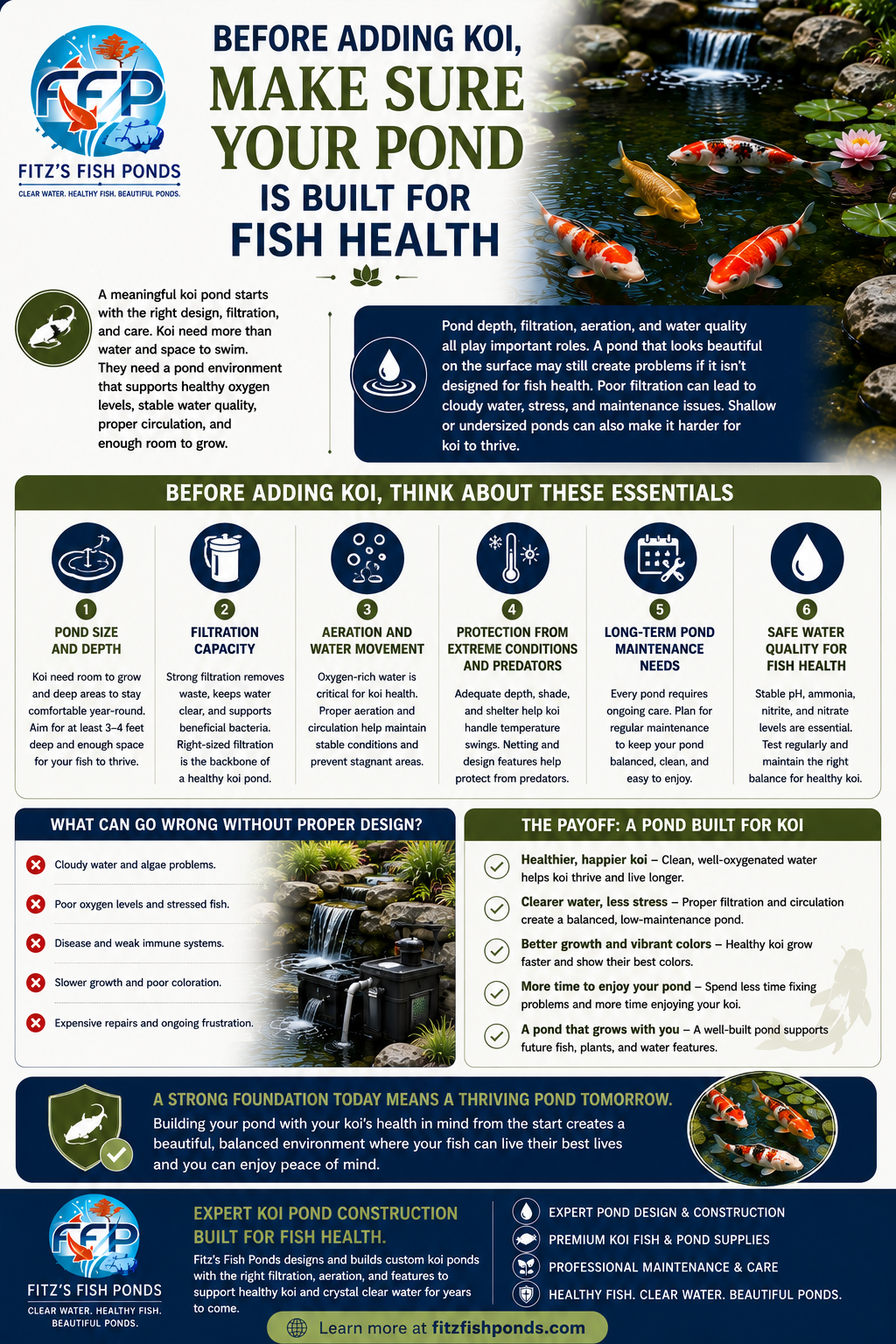A meaningful koi pond starts with the right design, filtration, and care. Koi need more than water and space to swim. They need a pond environment that supports healthy oxygen levels, stable water quality, proper circulation, and enough room to grow.