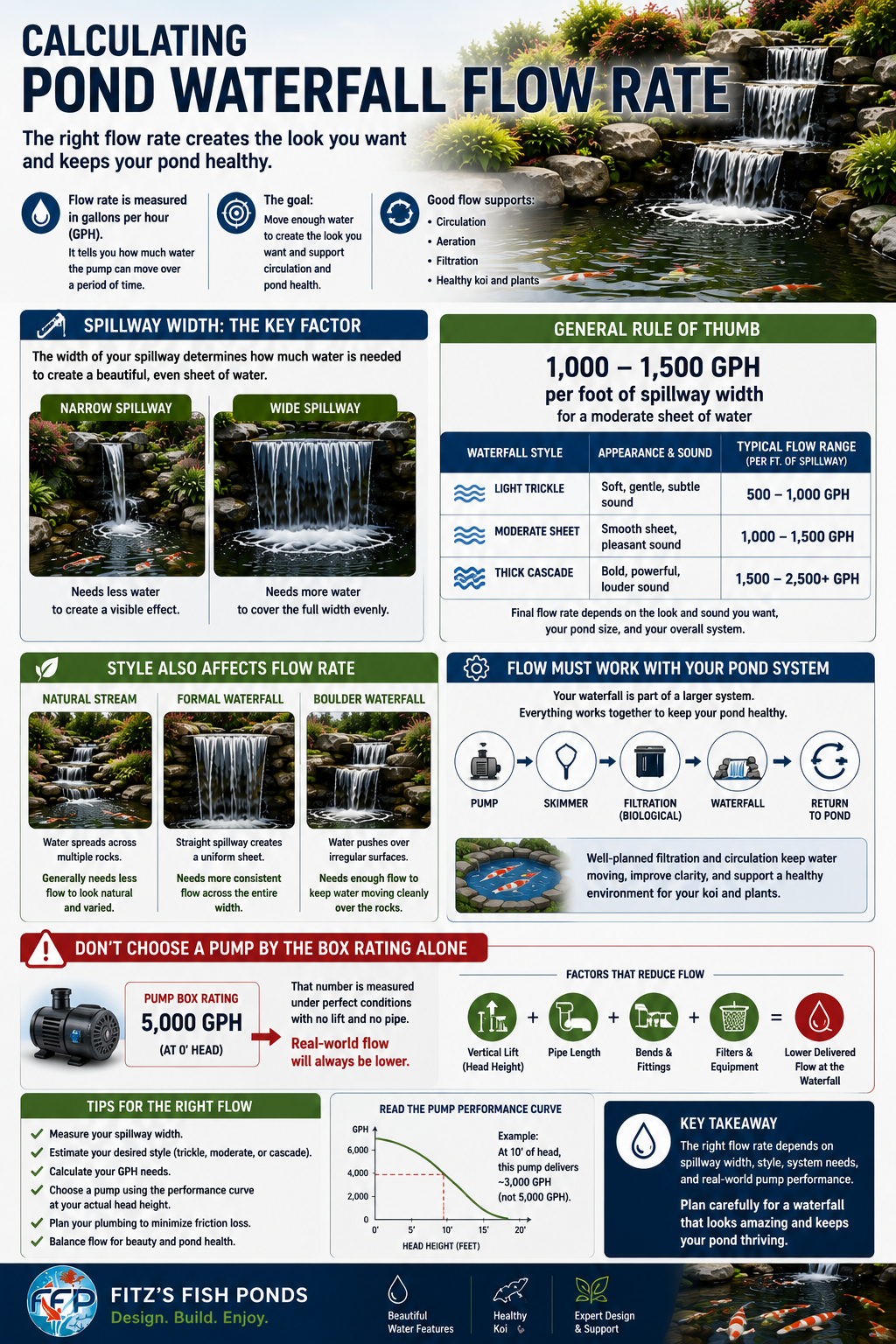 Flow rate is measured in gallons per hour, often shortened to GPH. It tells you how much water the pump can move over a period of time. For a pond waterfall, the goal is to move enough water to create the intended look while also supporting circulation through the pond system.