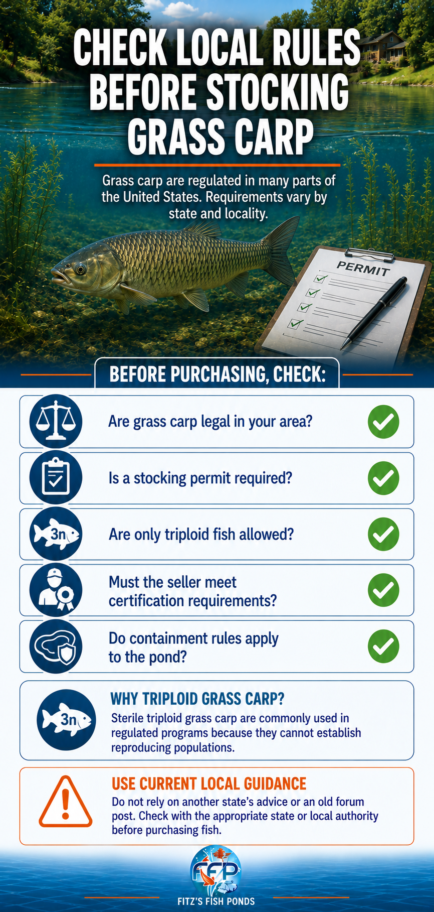 Grass carp are regulated in many parts of the United States, so stocking them isn’t as simple as buying fish and releasing them into a pond. Requirements vary by state and locality, and some areas limit which type of grass carp you can legally stock. Grass carp are regulated in many parts of the United States, so stocking them isn’t as simple as buying fish and releasing them into a pond. Requirements vary by state and locality, and some areas limit which type of grass carp you can legally stock.