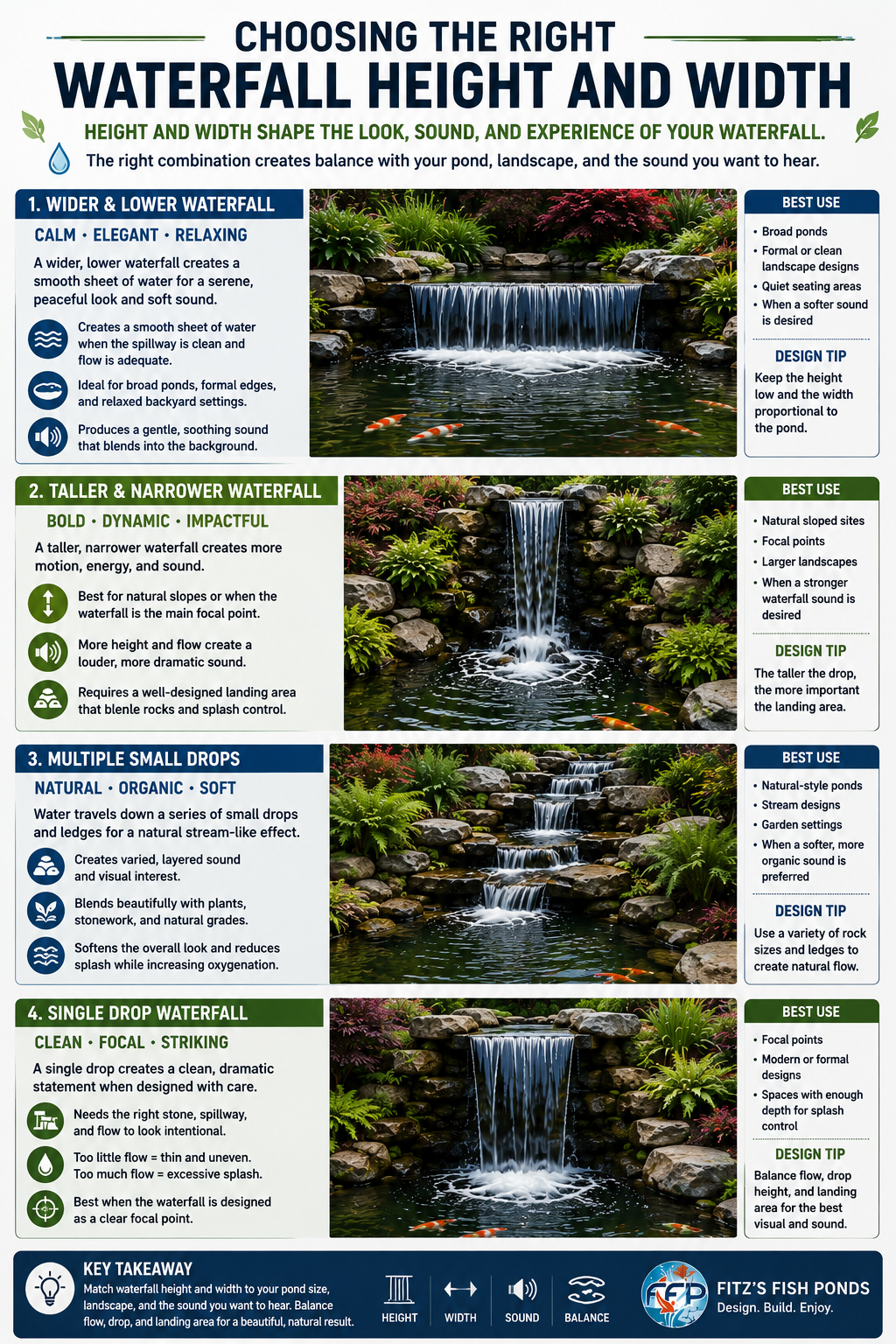 Waterfall height and width shape both the appearance and sound of the feature. A wider, lower waterfall tends to feel calm and elegant. It can create a smooth sheet of water, especially when the spillway is built cleanly and the pump provides enough flow. This style often works well for broad ponds, formal edges, and relaxed backyard settings.