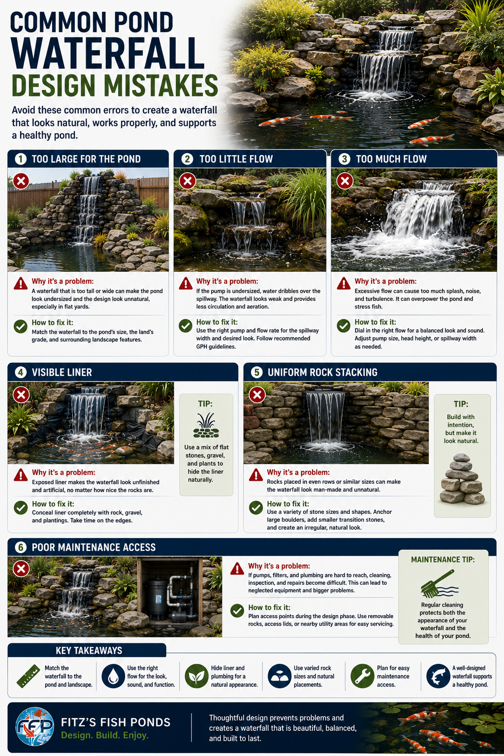 One common mistake is building the waterfall too large for the pond. A tall rock mound beside a small pond can look unnatural, especially when the surrounding yard is flat. The waterfall should match the pond&rsquo;s footprint, the land's grade, and the scale of nearby landscape features.