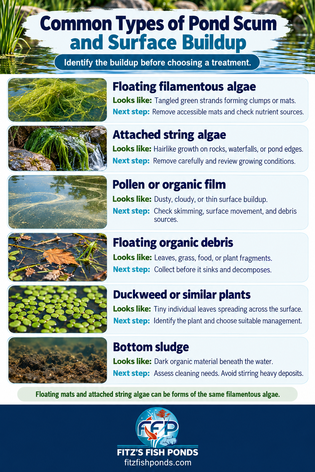 Several different materials can make a pond look untidy. This table offers a starting point for identifying them.