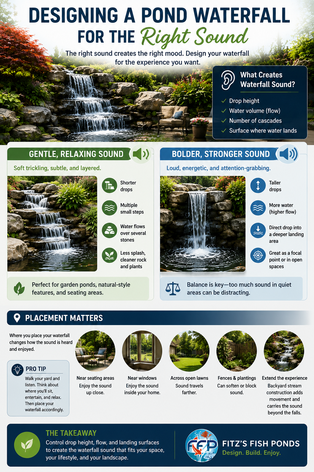 Waterfall sound is one of the most personal parts of pond design. Some homeowners want a quiet, steady trickle that feels relaxing in the background. Others want a stronger cascade that can be heard from a patio, deck, or nearby window. The sound you hear comes from how far the water falls, how much water is moving, and what the water hits when it lands.