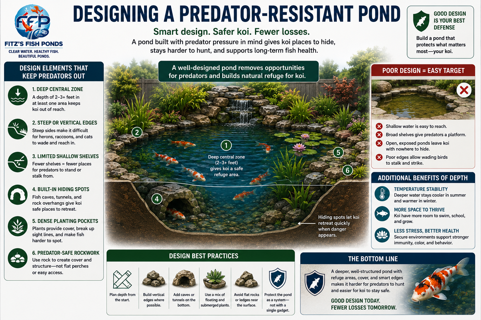 The long-term fix is a pond designed with predator pressure in mind. A shallow, open pond with broad shelves and no cover is much easier to hunt. A deeper pond with steep edges, refuge areas, and built-in hiding spots gives koi a better chance.