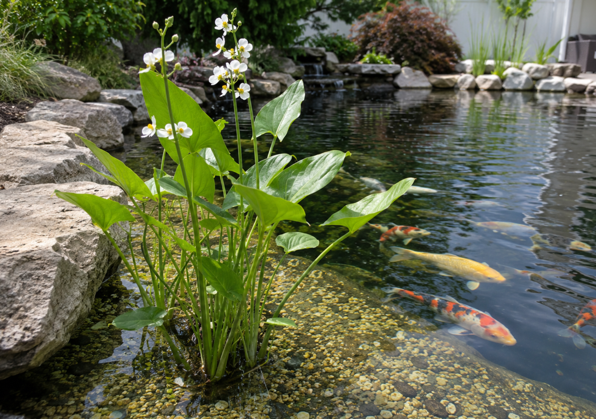 Duck Potato growing on a shallow planting shelf in a New Jersey koi pond.
