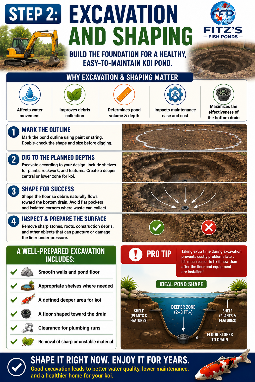 Once the design is finalized, the pond outline can be marked, and excavation can begin. This stage does more than create a hole in the ground. The shape of the excavation influences water movement, debris collection, pond volume, maintenance, and the effectiveness of the bottom drain.