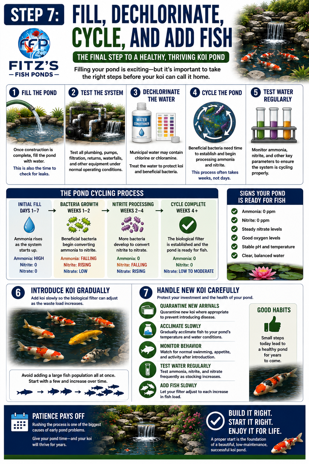 Once construction is complete, the pond can finally be filled, but adding water doesn&rsquo;t mean the system is immediately ready for koi. The first fill is also an opportunity to test plumbing, pumps, filtration, returns, waterfalls, and other equipment under normal operating conditions.