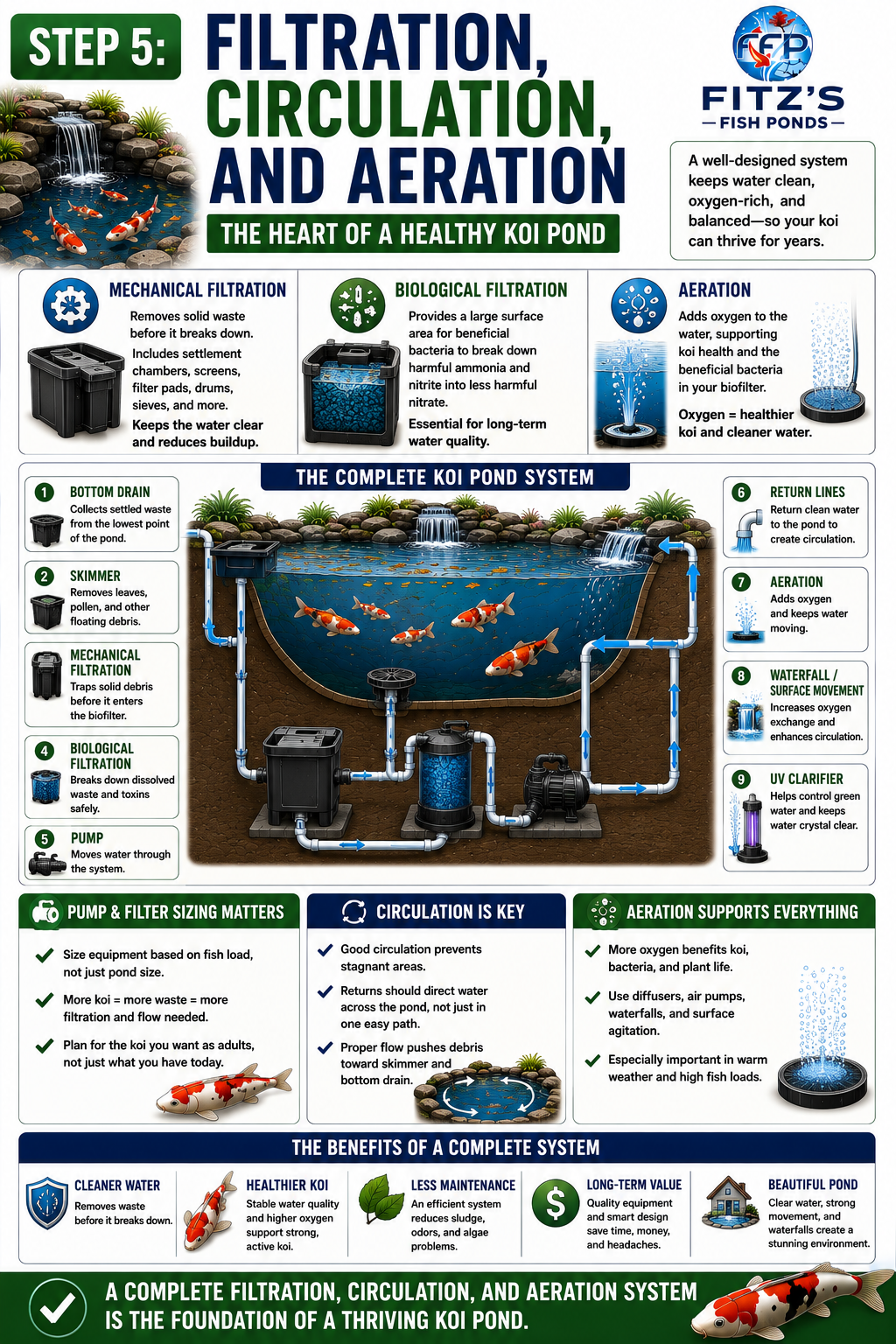 Filtration is one of the biggest distinctions between a dedicated koi pond and a basic decorative water feature. Koi constantly produce waste, so the system needs sufficient mechanical and biological capacity to maintain stable water conditions as the fish grow.