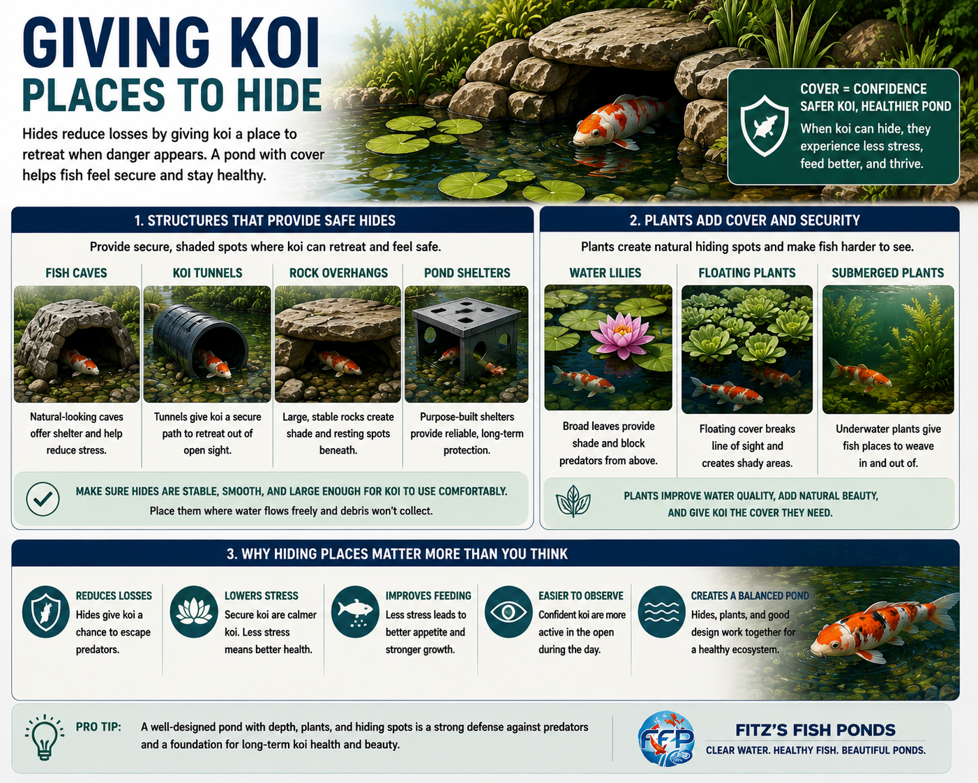 Pond fish hiding spots reduce losses because koi need somewhere to go when danger appears. A pond with no cover leaves fish exposed from above and from the edges. Hides give koi a chance to retreat rather than panic in open water.