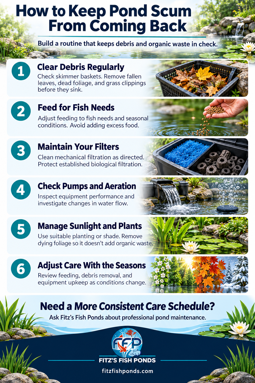 Prevention starts with a repeatable care routine. Small amounts of debris are easier to manage before they sink, decay, and accumulate.
