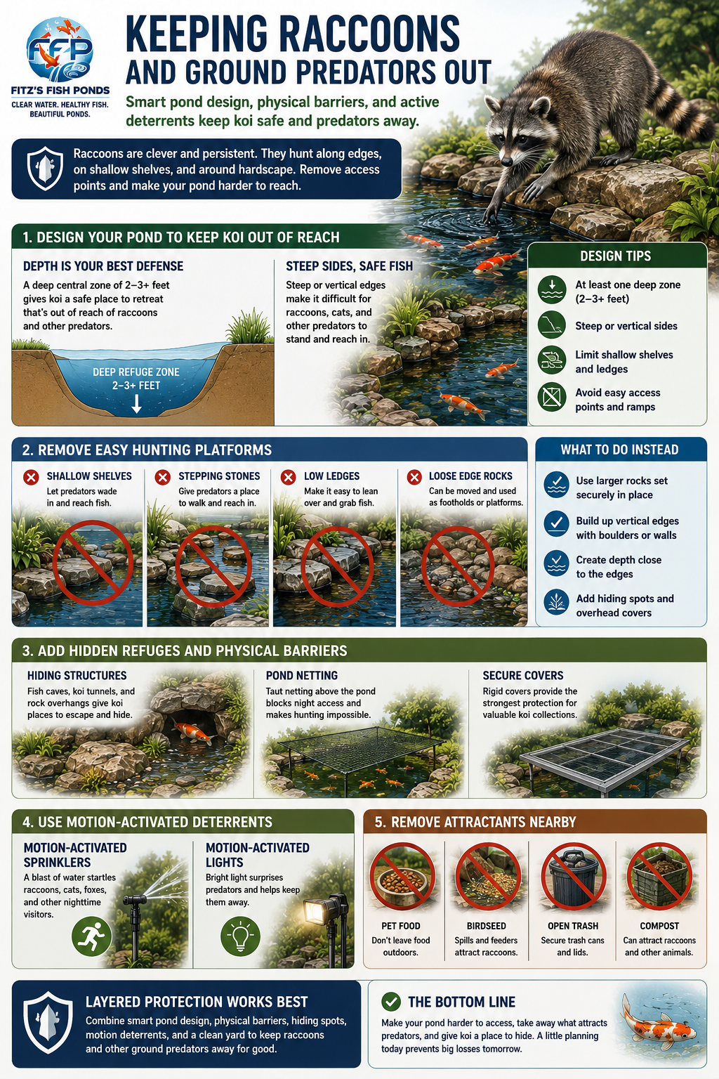 Raccoons are clever, persistent, and comfortable around water. They often hunt along the pond edge, on shallow shelves, on rocks, or near hardscape. A pond with easy access points gives them more opportunities to reach in and grab fish.