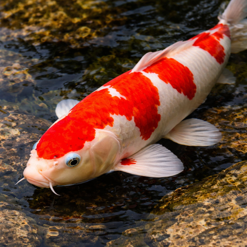 Kohaku is the classic koi most people picture first, with a clean white body and bold red patterning. It&rsquo;s one of the most recognized and most widely admired pond varieties, which makes it a natural starting point for many buyers.