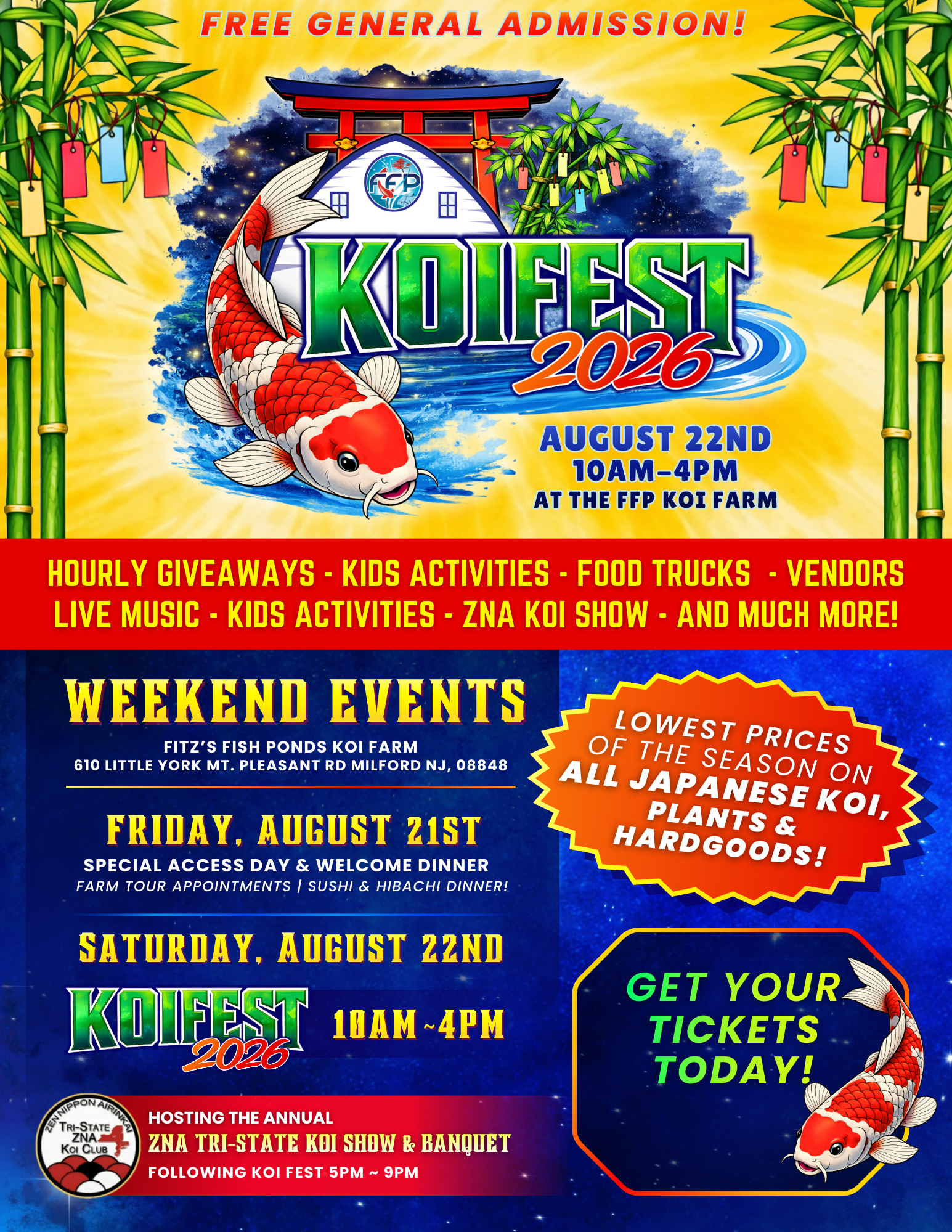 Milford, NJ &ndash; Fitz's Fish Ponds proudly announces the return of Koi Fest 2026, taking place Friday, August 21, and Saturday, August 22, 2026, at its headquarters in Milford, New Jersey. Now in its fifth year, Koi Fest has grown into one of the most dynamic koi and pond lifestyle events in the country &mdash; and 2026 expands into a full weekend experience.