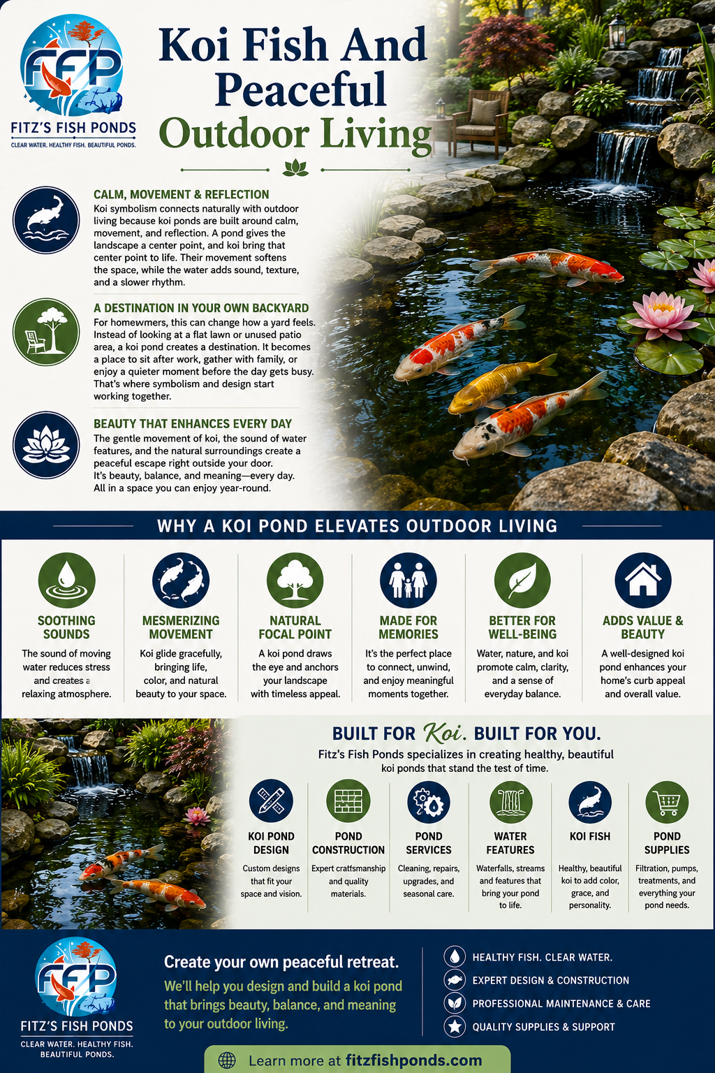Koi symbolism connects naturally with outdoor living because koi ponds are built around calm, movement, and reflection. A pond gives the landscape a center point, and koi bring that center point to life. Their movement softens the space, while the water adds sound, texture, and a slower rhythm.