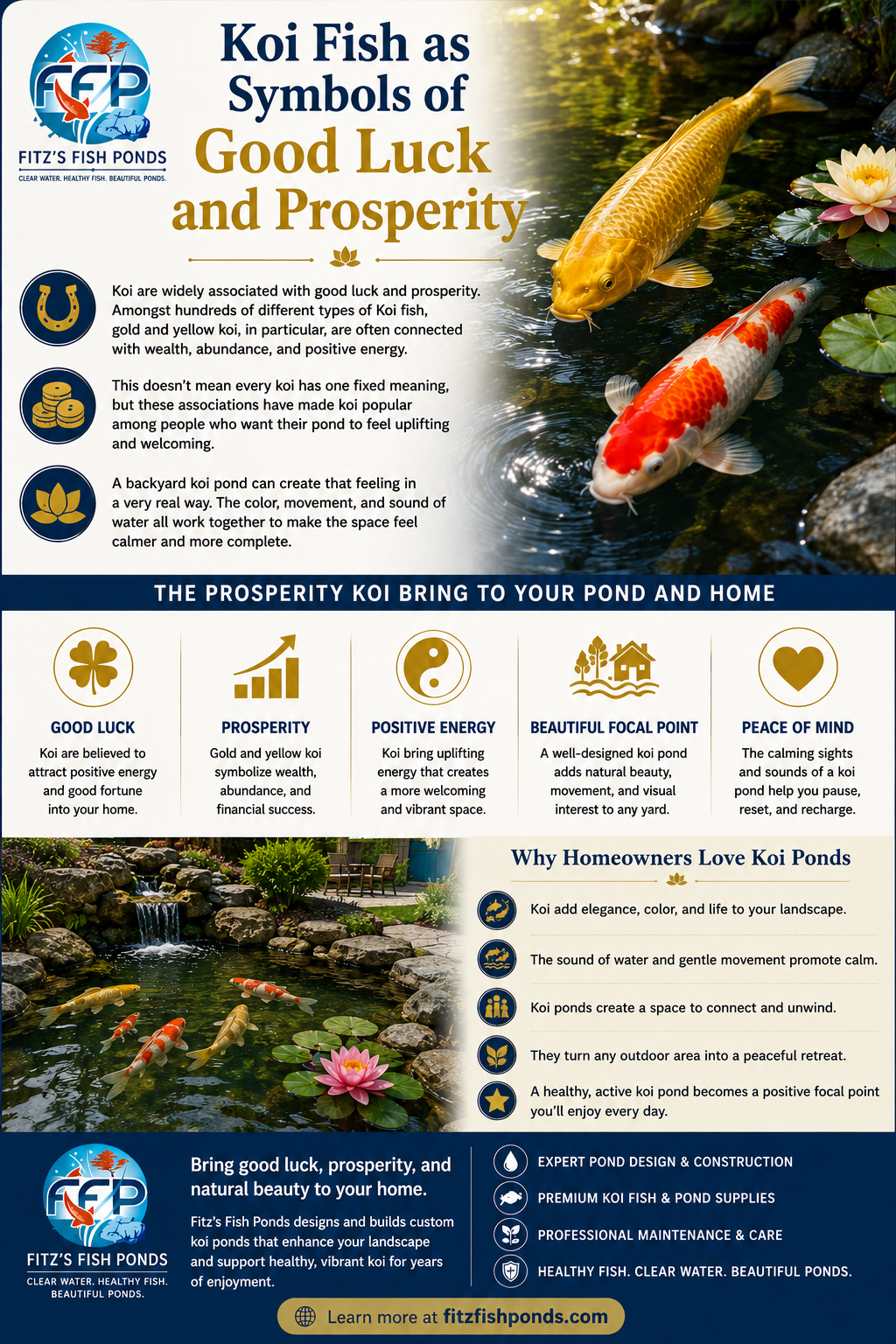 Koi are also widely associated with good luck and prosperity. Amongst hundreds of different types of Koi fish, gold and yellow koi, in particular, are often connected with wealth, abundance, and positive energy. This doesn&rsquo;t mean every koi has one fixed meaning, but these associations have made koi popular among people who want their pond to feel uplifting and welcoming.