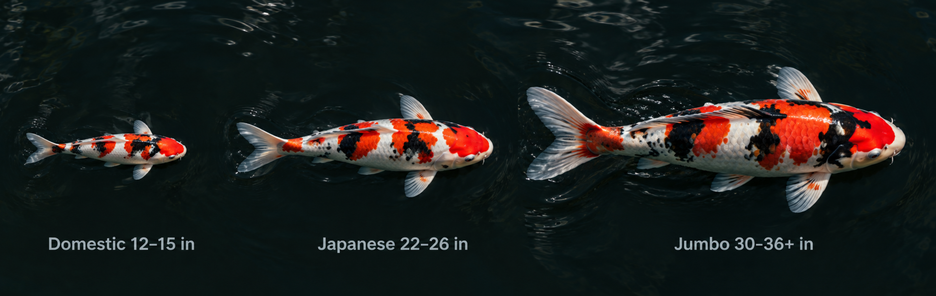 Koi size comparison of domestic, Japanese and jumbo koi.
