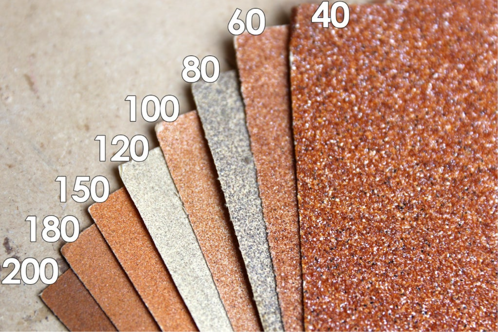 A visualization of the different levels of sandpaper grit for decks.