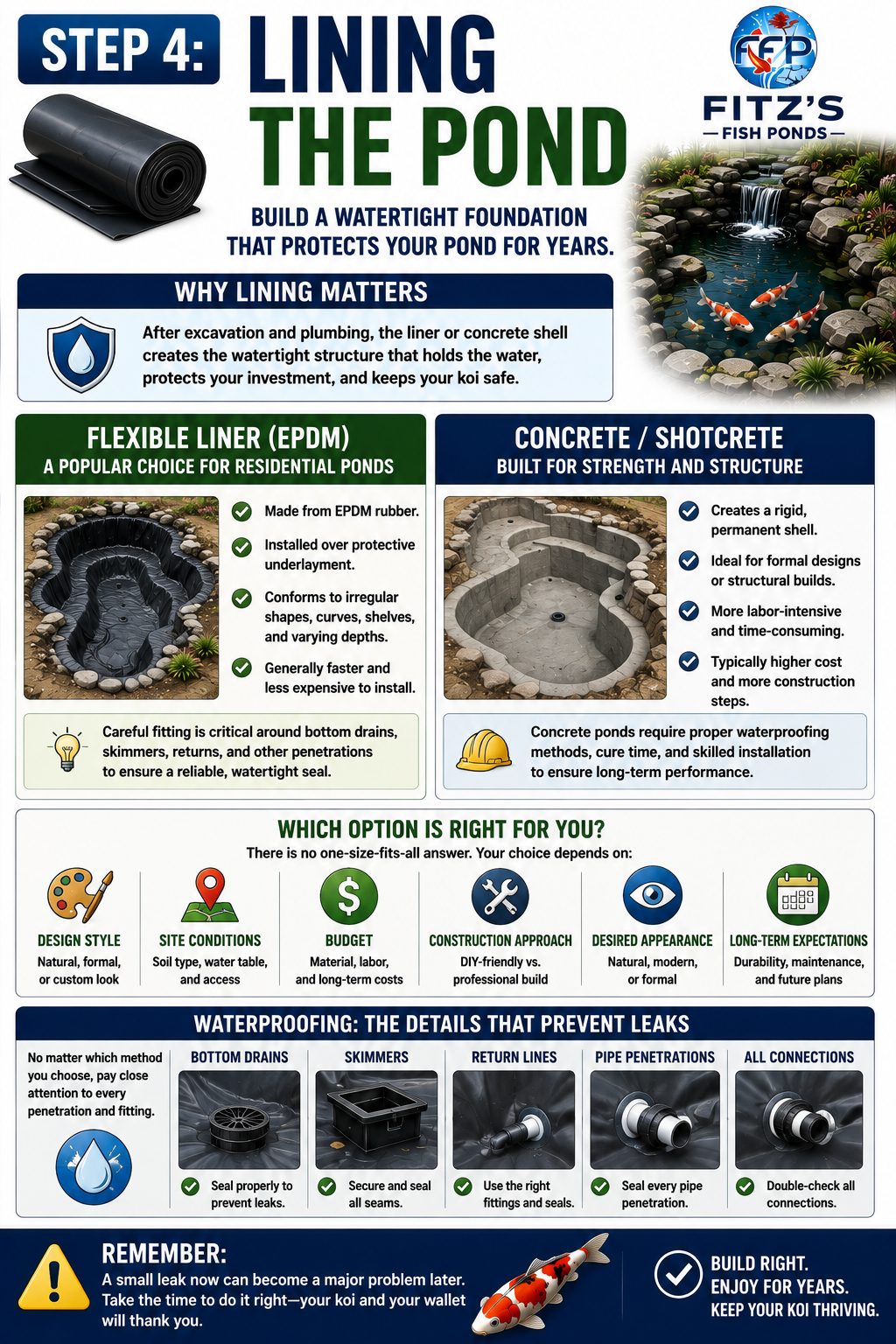 Once excavation and underground plumbing are complete, the pond needs a watertight structure. Two common approaches are flexible liner systems and concrete or shotcrete construction.