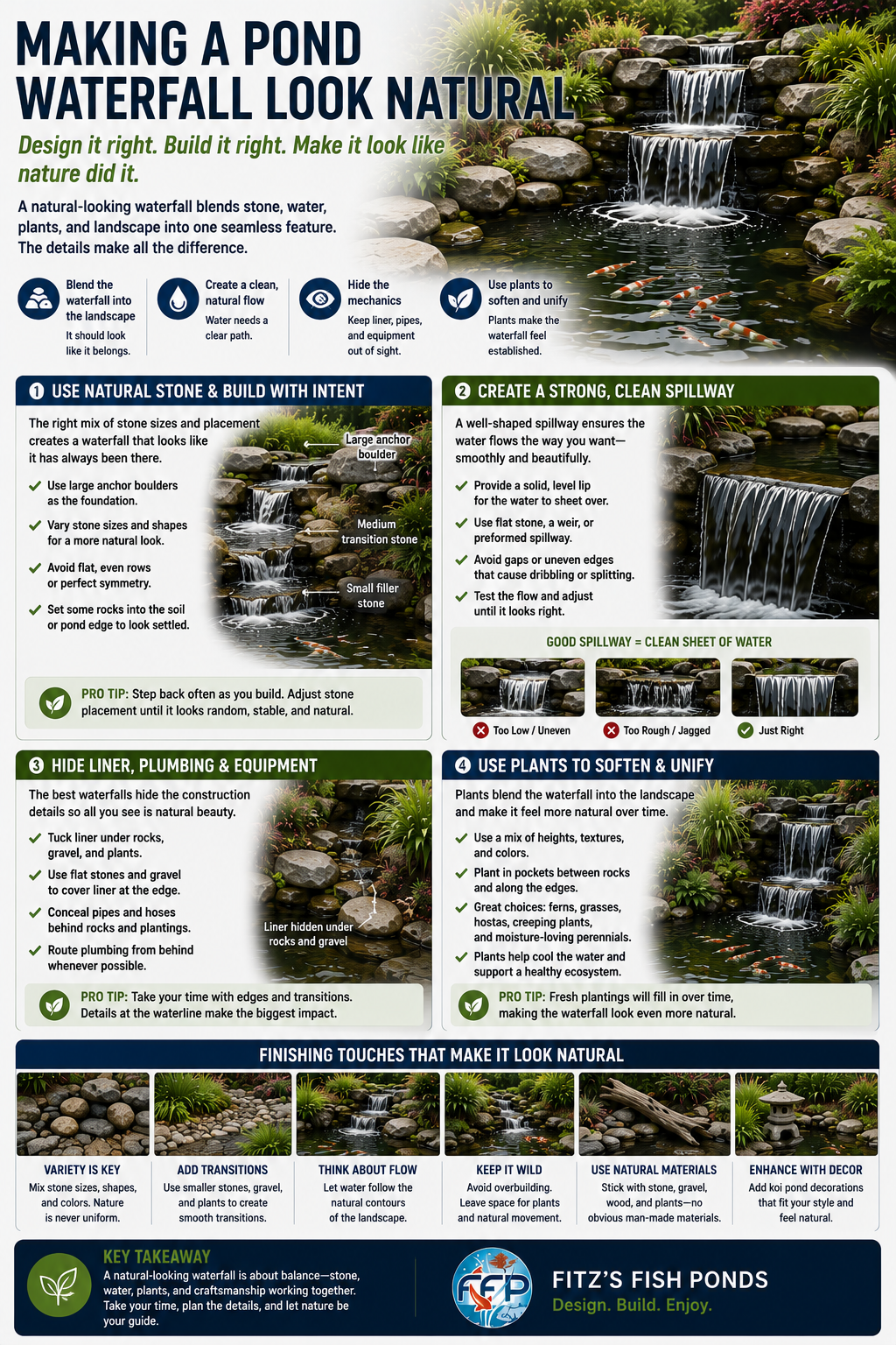 Natural-looking pond waterfalls rely on more than attractive stone. The rockwork needs to feel settled into the landscape. In nature, rocks are rarely stacked in even rows or placed with perfect symmetry. A better approach is to vary stone sizes, use large anchor boulders, add smaller transition stones, and set some rocks partly into the soil or pond edge.