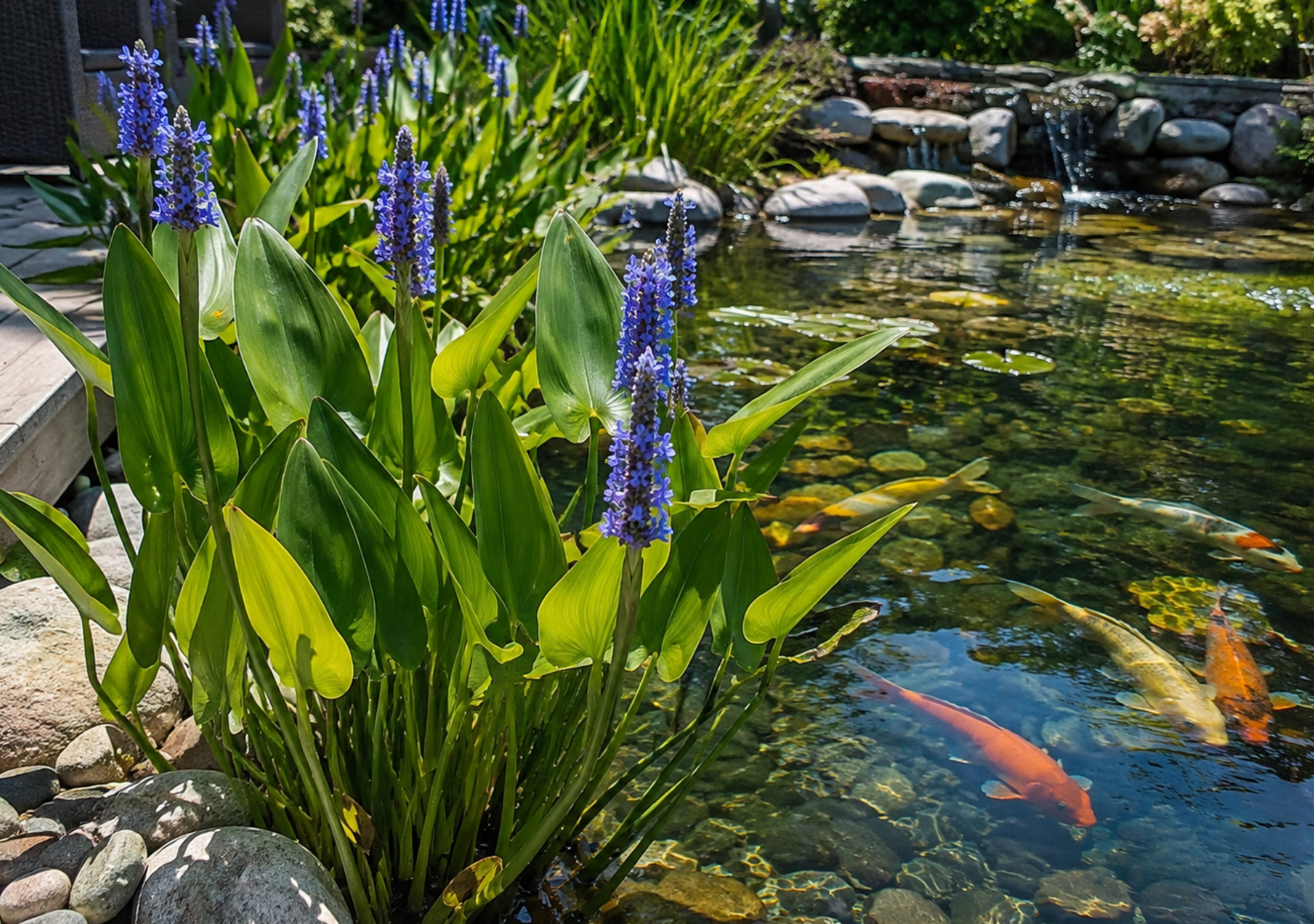 Pickerel Weed in violet-blue bloom along the edge of a planted koi pond.