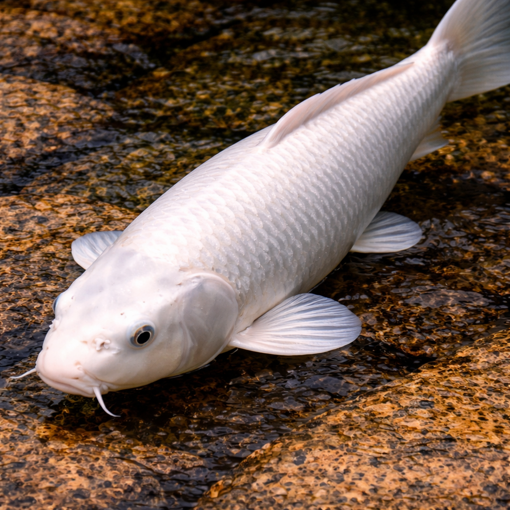 Platinum Ogon has a bright metallic white look that gives ponds a clean, reflective focal point. Buyers often choose it when they want a fish with high visibility and a polished, elegant appearance.