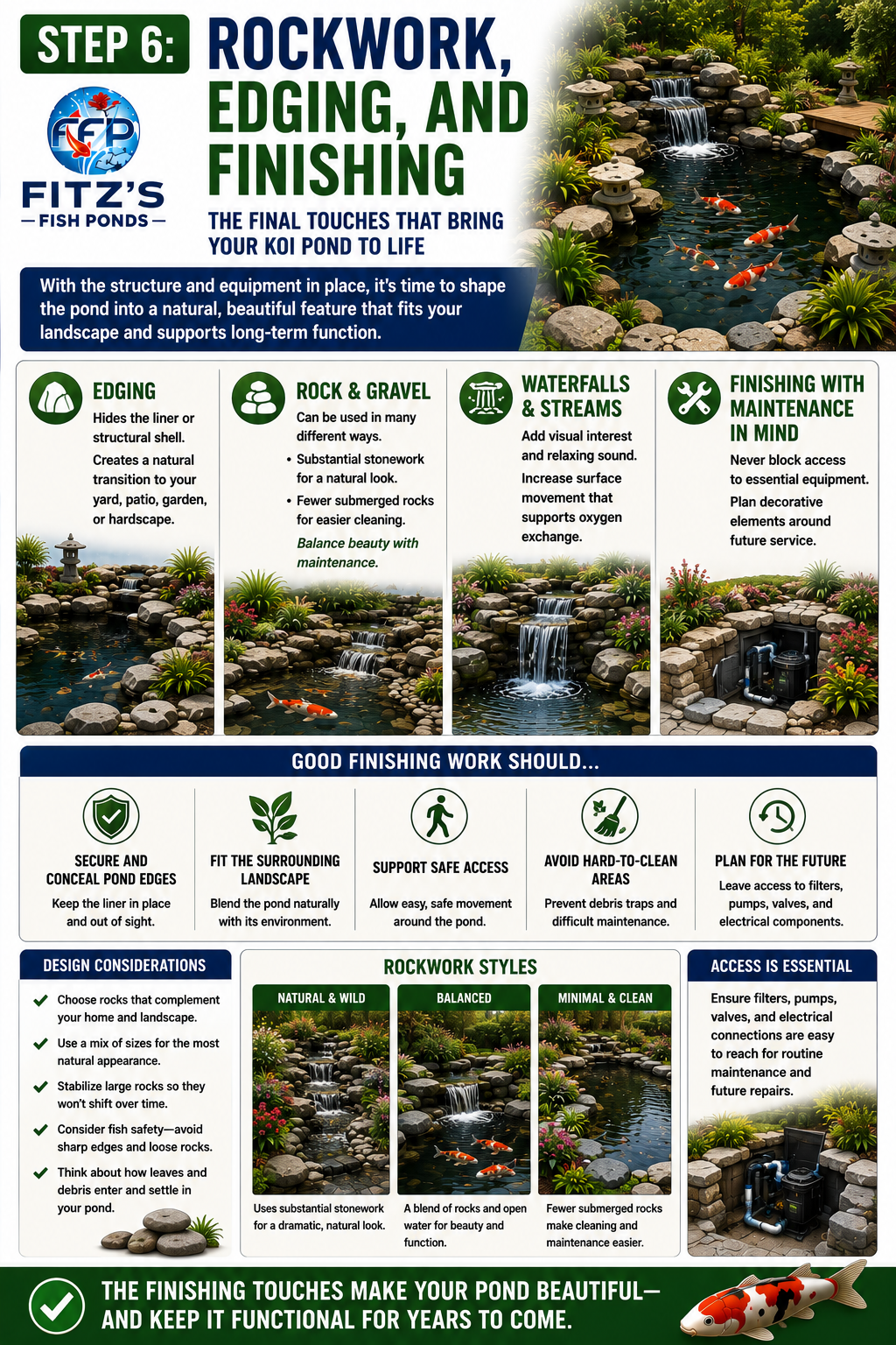 After the structural and mechanical portions of the pond are in place, the project begins to look more like a finished landscape feature. Edging hides the liner or structural shell while creating a natural transition between the pond and surrounding yard, patio, garden, or hardscape.