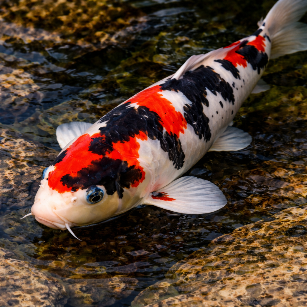 Sanke builds on the Kohaku look with the addition of black markings, giving pond owners a refined three-color fish that feels traditional and eye-catching at the same time. It remains one of the best-known koi varieties in the hobby.