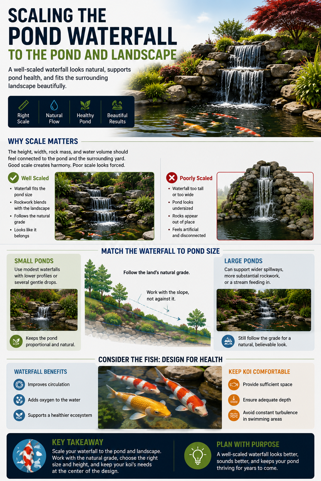 A pond waterfall should look like it belongs to the pond, not like it was added as an afterthought. Scale is one of the biggest reasons some waterfalls look natural while others look forced. The height, width, rock mass, and water volume all need to feel connected to the pond and the surrounding yard.