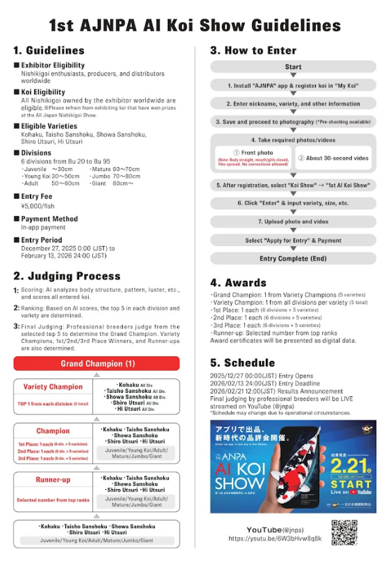 The 1st AI Koi Show was introduced as the world&rsquo;s first fully smartphone-based koi competition, signaling what AJNPA calls &ldquo;a new era of Koi shows.&rdquo;