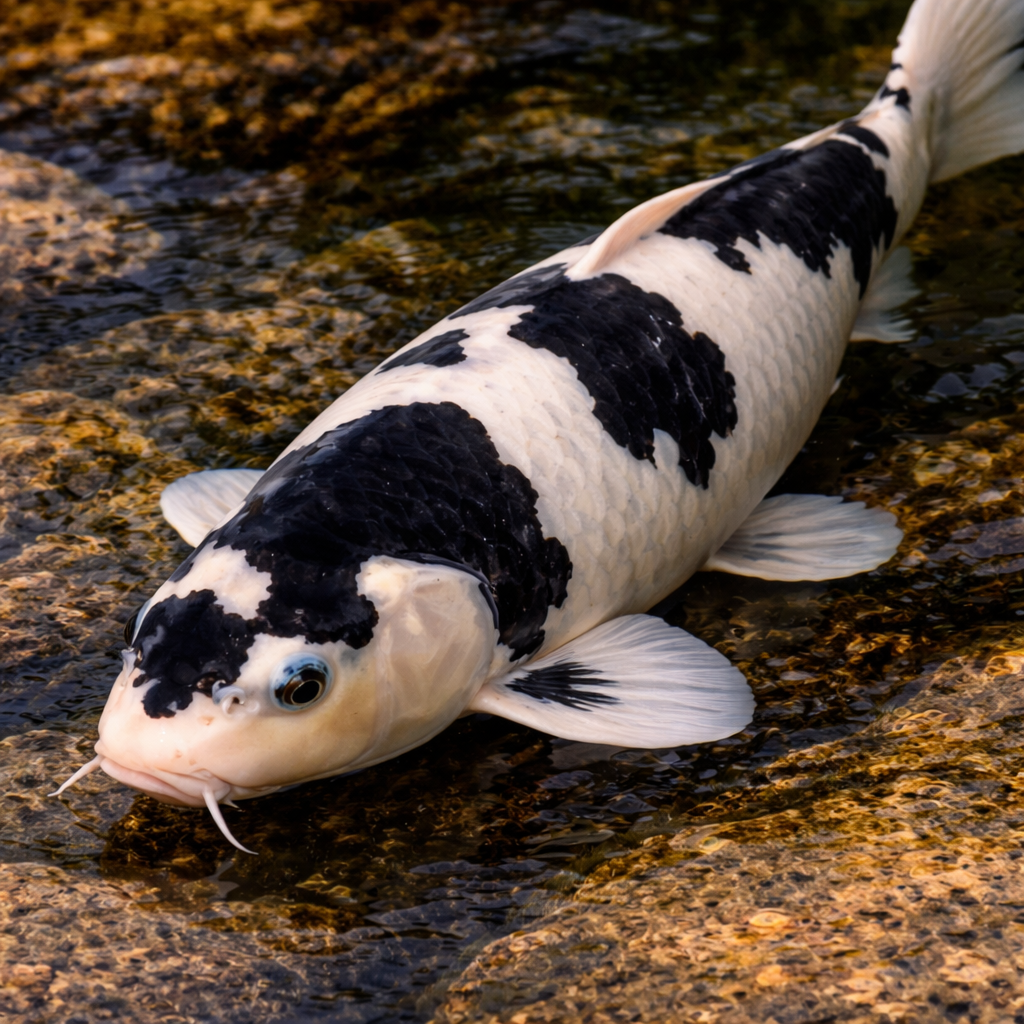Shiro Utsuri is a black-and-white koi that stands out for its sharp contrast and powerful visual simplicity. Pond owners often love it because it reads clearly in the water and adds dramatic balance to a mixed collection.