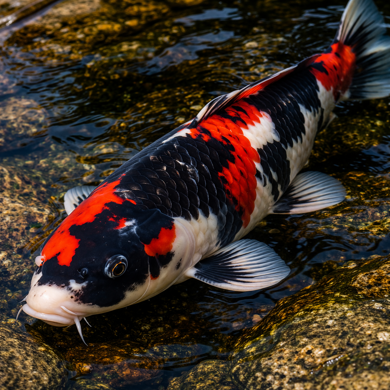 Showa is another member of the Gosanke group and is prized for its dramatic black base with red and white patterning. It tends to bring stronger contrast and a bolder overall presence to the pond.
