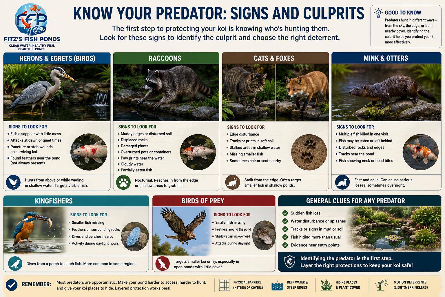 The first step is figuring out what&rsquo;s hunting your pond. Missing fish alone doesn&rsquo;t always tell the full story, but the pond often leaves clues. The right deterrent depends on whether the threat is coming from the sky, the edge, or inside nearby brush and landscaping.