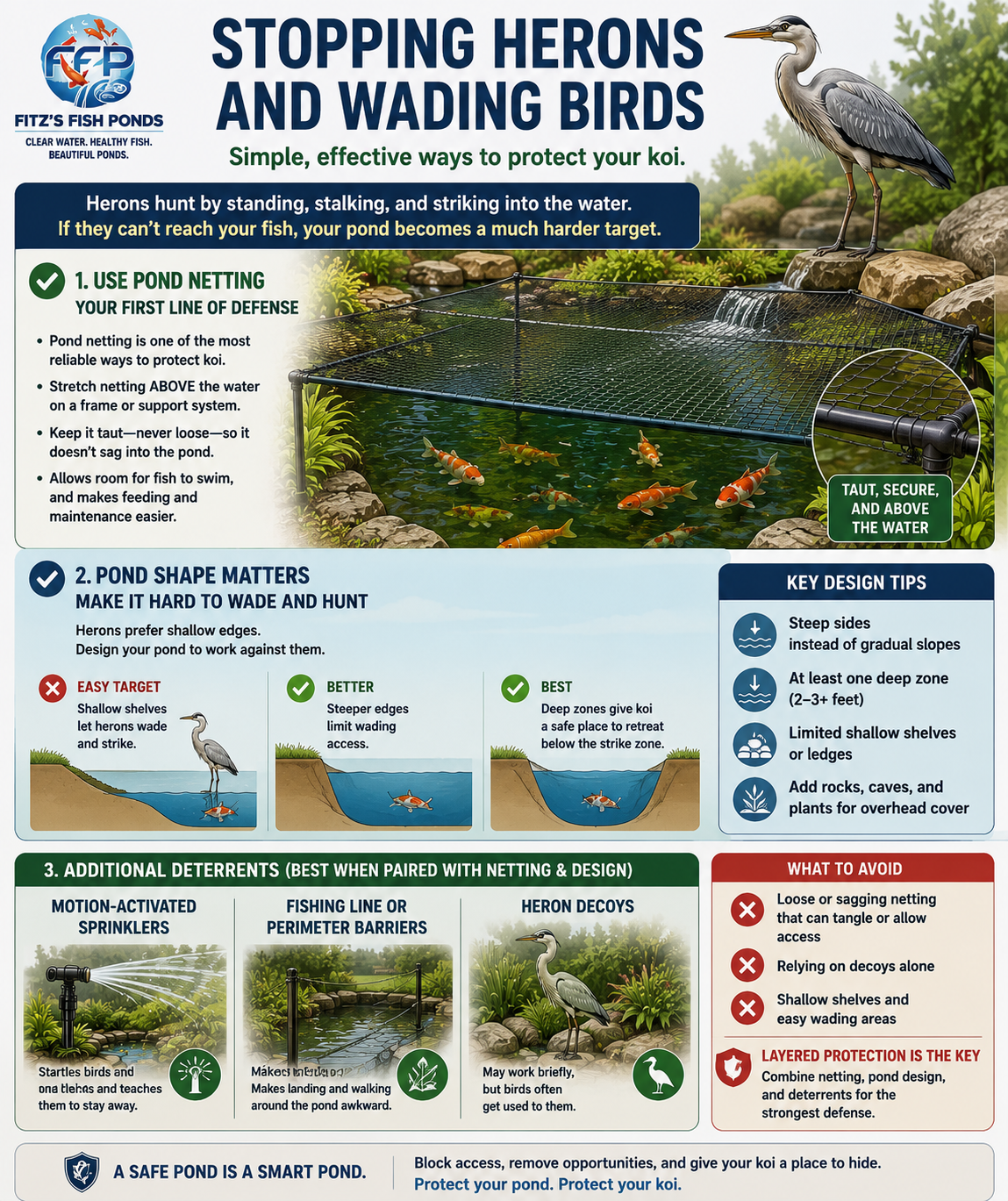 Pond netting is one of the most reliable ways to protect koi from herons. A heron hunts by standing, stalking, and striking into the water. If the bird can&rsquo;t reach the fish, the pond becomes a much harder target.