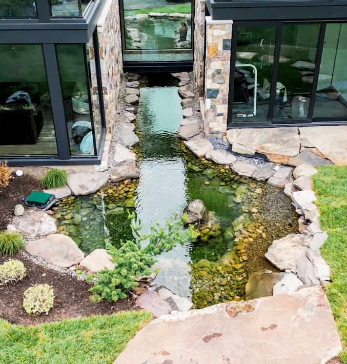 One of the most technically interesting portions of this project appears where the custom koi pond visually meets the property's existing natural pond.
