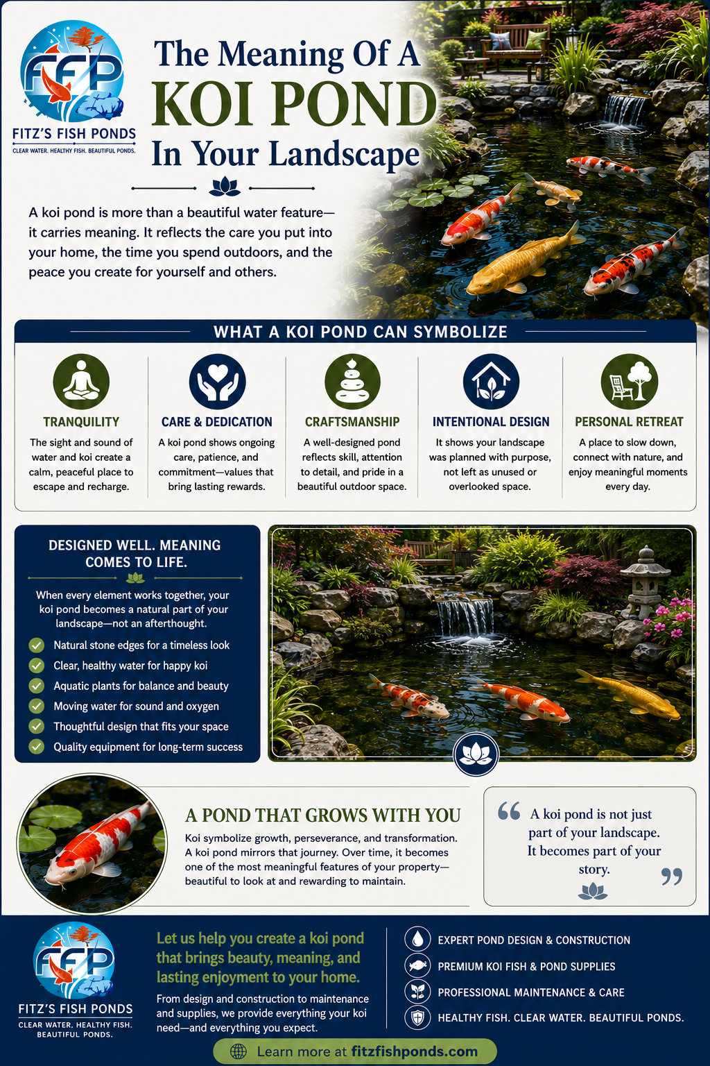 A dedicated koi pond can symbolize tranquility, care, craftsmanship, and personal retreat. It shows that the landscape was designed with intention rather than treated as leftover space. The pond becomes a feature that invites people to slow down and spend more time outside.