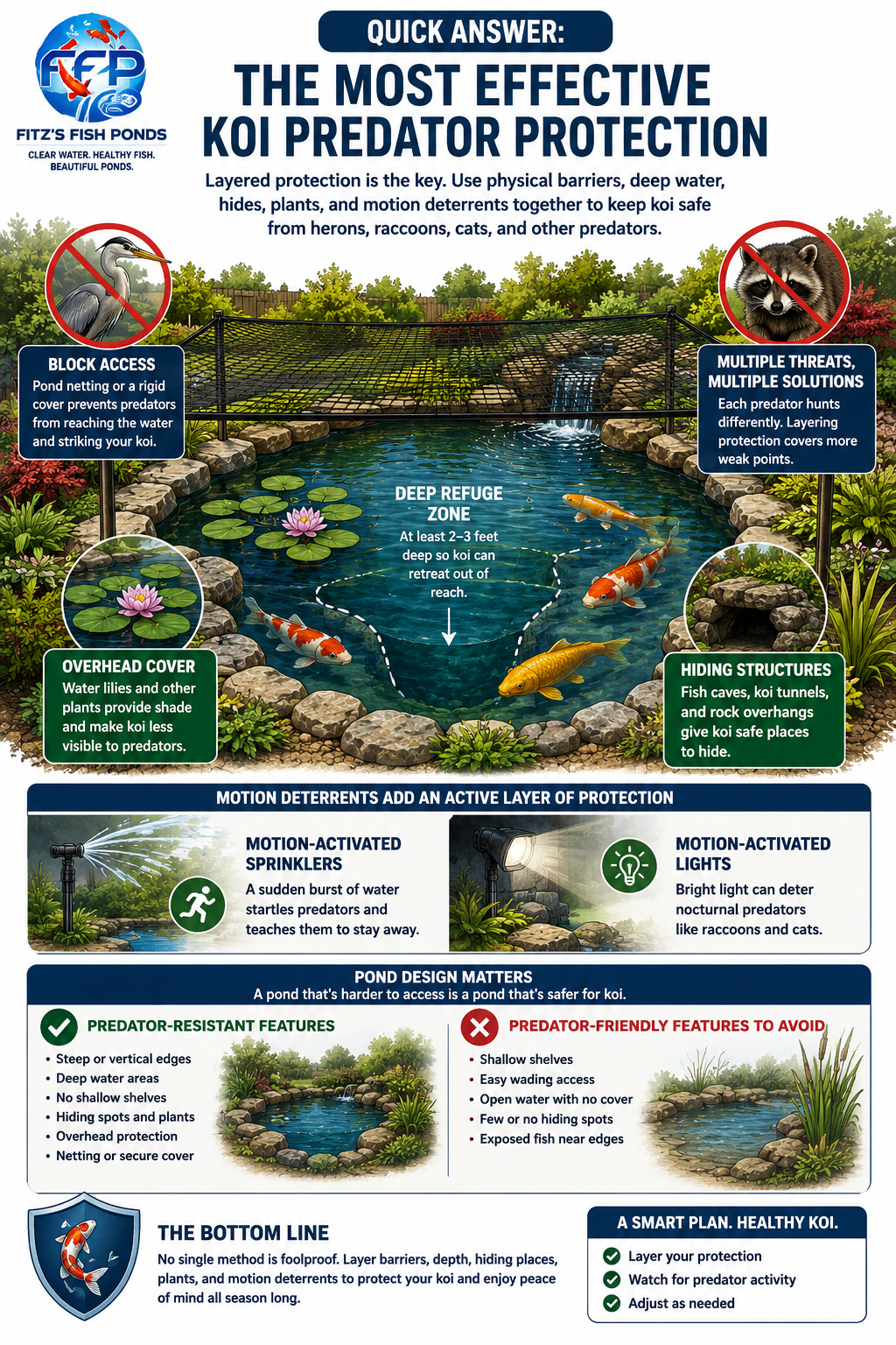 Fishing line and bamboo systems should be treated as deterrents rather than guaranteed protection. The strongest predator-control plan usually combines several methods, such as deep water, steep pond walls, fish caves, dense plant coverage, motion-activated sprinklers, and regular observation. Layering these defenses gives koi more opportunities to hide and makes the pond less attractive to predators.