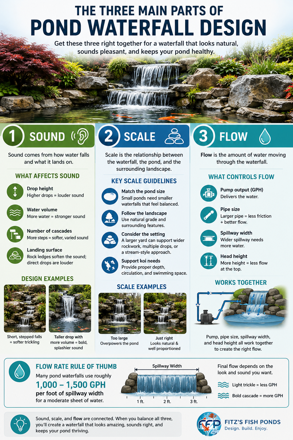 Pond waterfall design comes down to three main parts: sound, scale, and flow. Sound is controlled by the drop height, the amount of water moving through the waterfall, the number of cascades, and the surface where the water lands. A short, stepped waterfall usually creates a softer trickling sound. A taller drop with more volume creates a bolder, splashier sound.