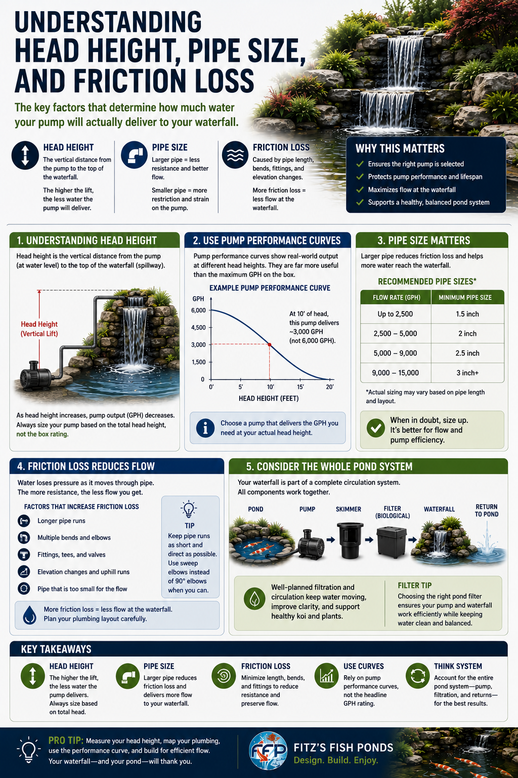Head height is the vertical distance from the pump to the top of the waterfall. It is one of the most important parts of pump sizing because pumps deliver less water as they push water higher. A pump that seems strong at ground level may deliver much less flow once it has to lift water several feet to the spillway.