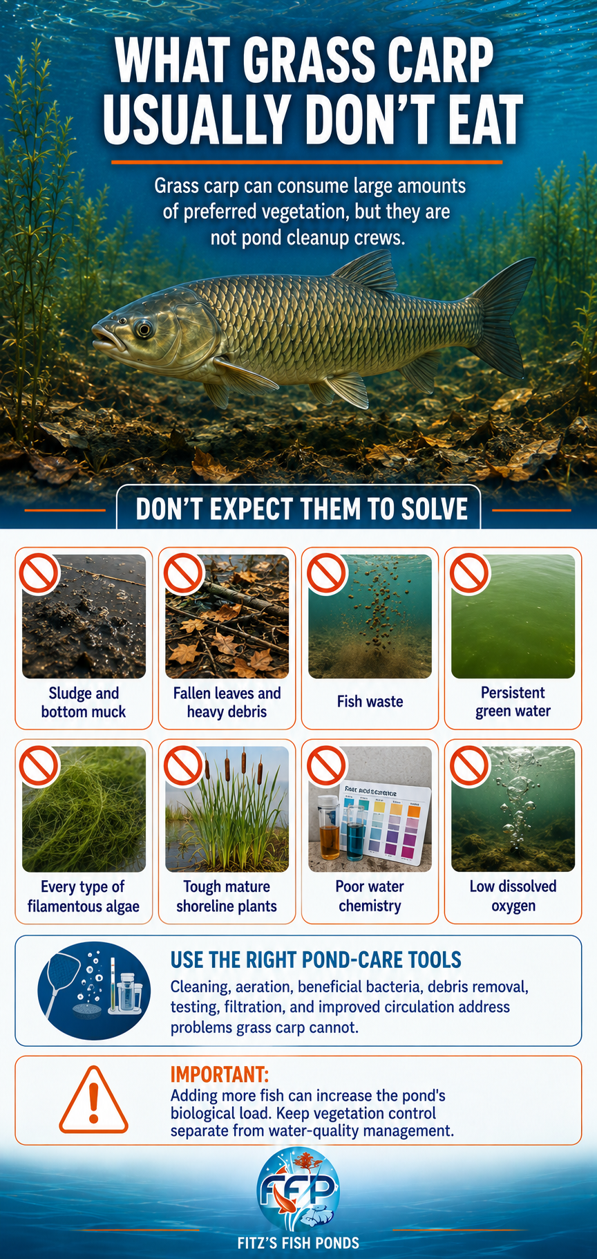 Grass carp are primarily herbivorous, but they aren’t indiscriminate feeders. They often choose vegetation based on texture, tenderness, and accessibility. New growth is often easier to consume than older plants with thick stems, coarse leaves, or tough root structures. Younger carp typically eat small insects in the pond and will shift to pond vegetation as it grows. Grass carp are primarily herbivorous, but they aren’t indiscriminate feeders. They often choose vegetation based on texture, tenderness, and accessibility. New growth is often easier to consume than older plants with thick stems, coarse leaves, or tough root structures. Younger carp typically eat small insects in the pond and will shift to pond vegetation as it grows.