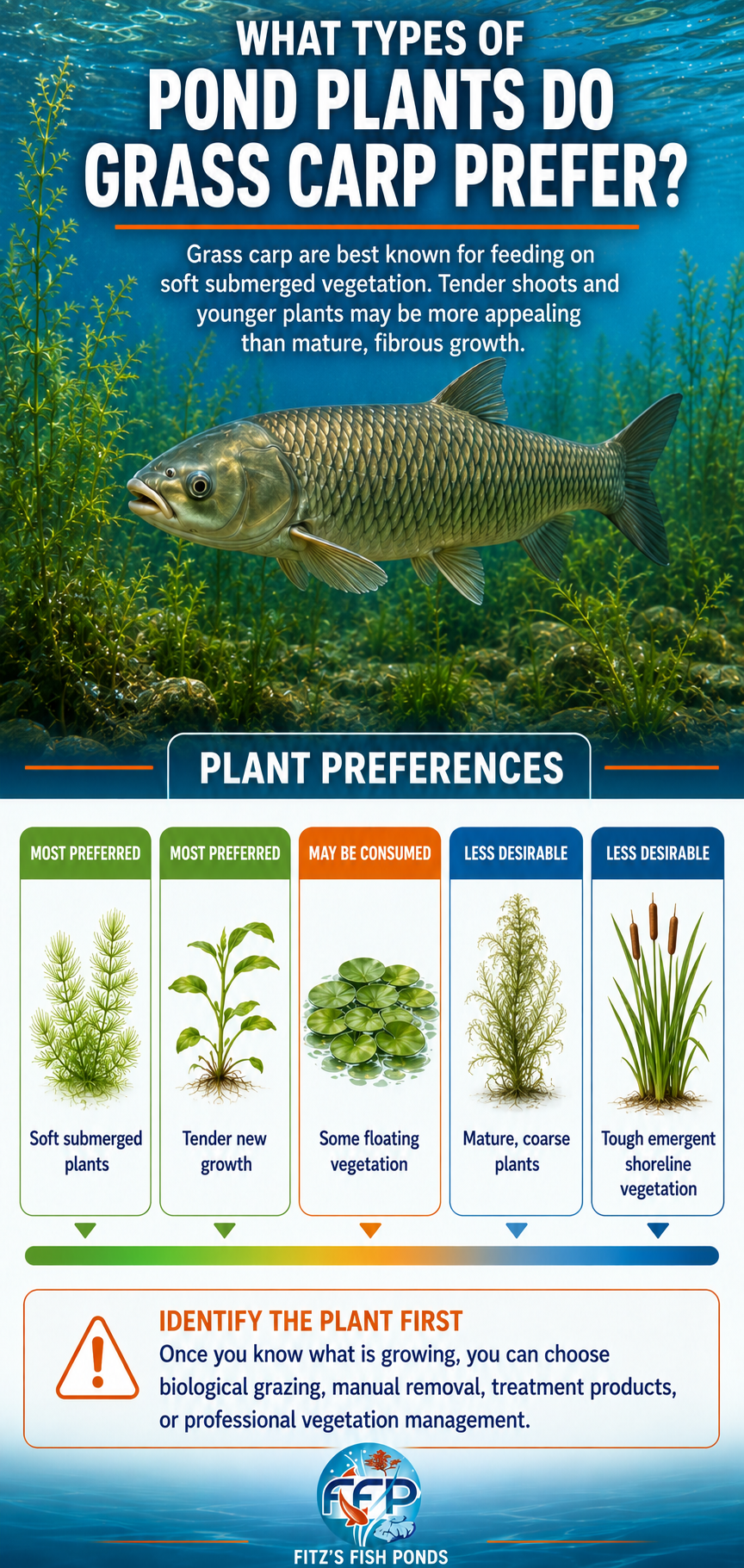 Grass carp are best known for feeding on soft submerged vegetation. Plants growing beneath the surface are generally easier for them to reach and graze than tall, fibrous growth along the shoreline. Tender shoots and younger plants may also be more appealing than mature stands. Grass carp are best known for feeding on soft submerged vegetation. Plants growing beneath the surface are generally easier for them to reach and graze than tall, fibrous growth along the shoreline. Tender shoots and younger plants may also be more appealing than mature stands.