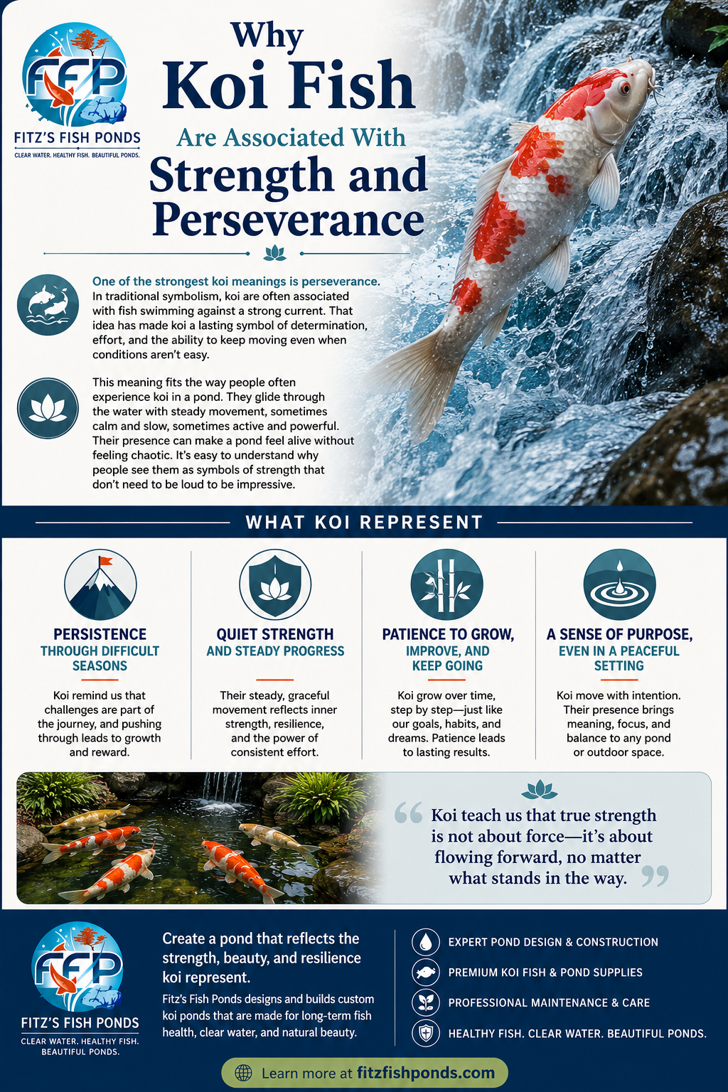 One of the strongest koi meanings is perseverance. In traditional symbolism, koi are often associated with fish swimming against a strong current. That idea has made koi a lasting symbol of determination, effort, and the ability to keep moving even when conditions aren&rsquo;t easy.